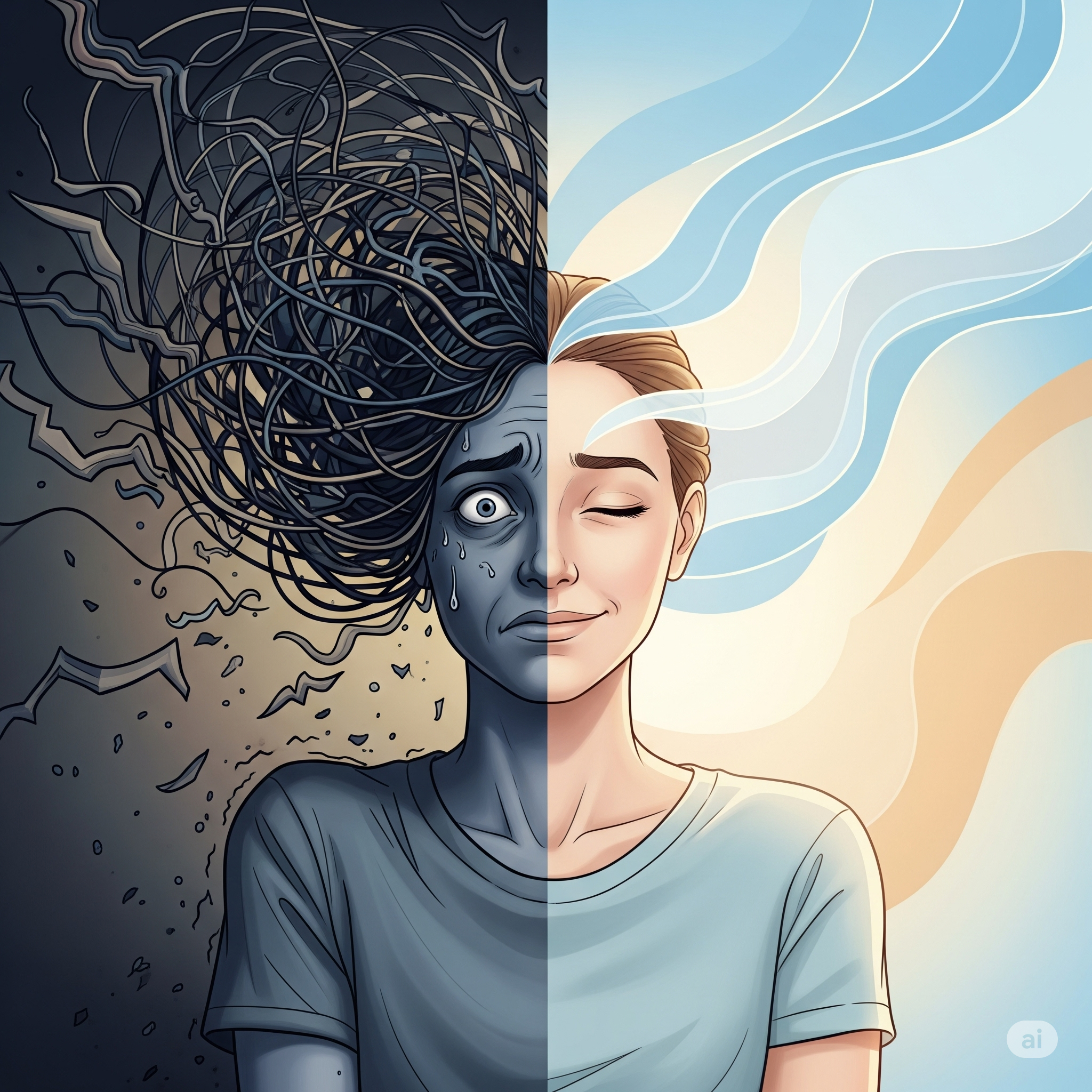 A visual comparison of a person looking stressed and a person looking calm.