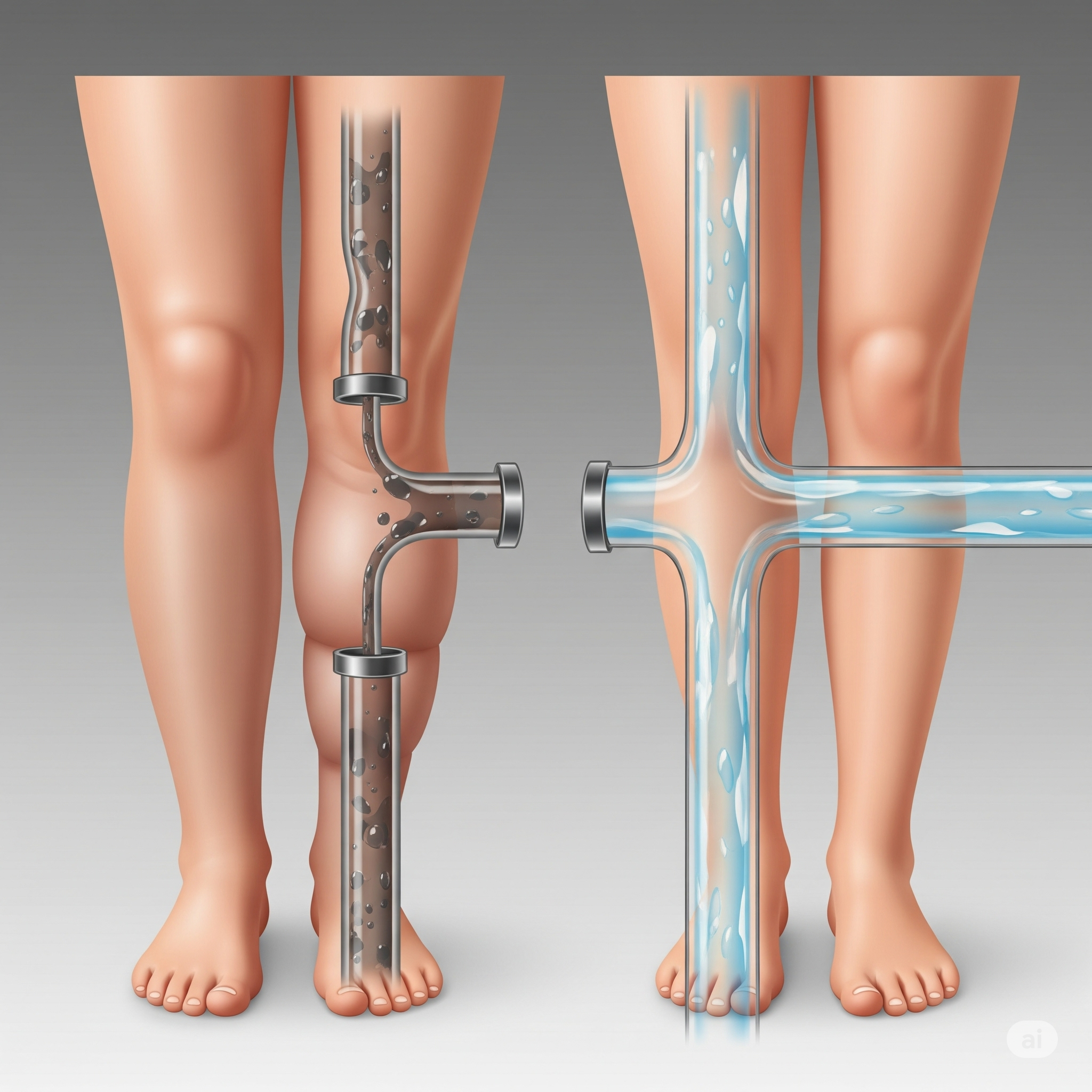 Conceptual illustration showing swollen legs with a clogged system versus healthy legs with a clear, free-flowing system.